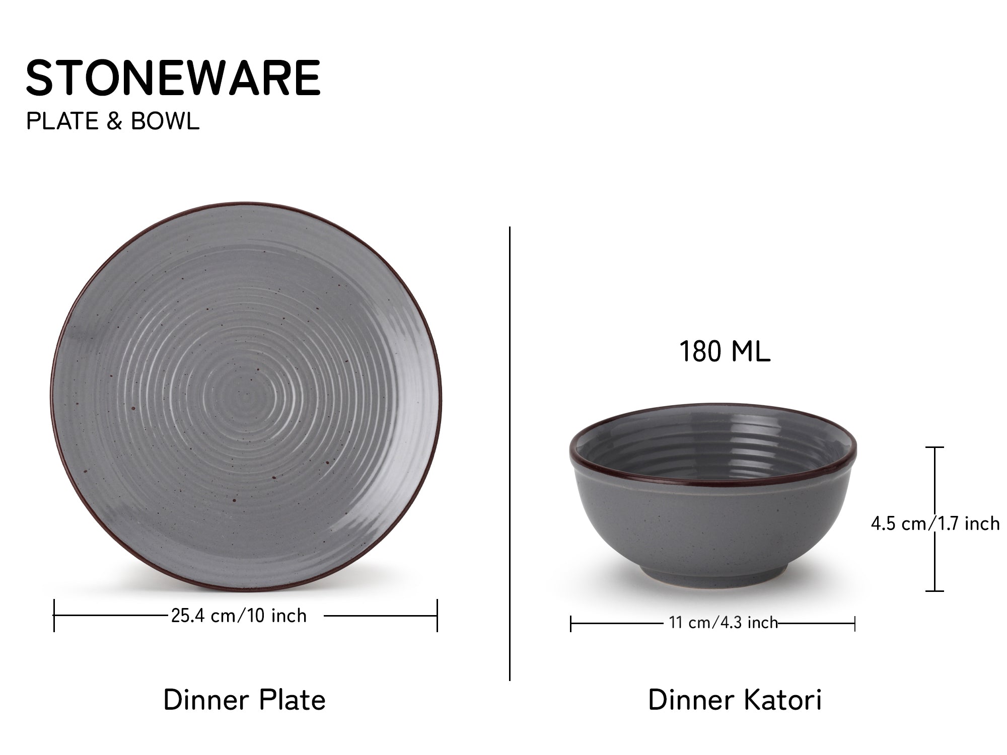 Graphite NoirDining Ensemble - 4 Dinner Plates & 4 Bowls/Katoris