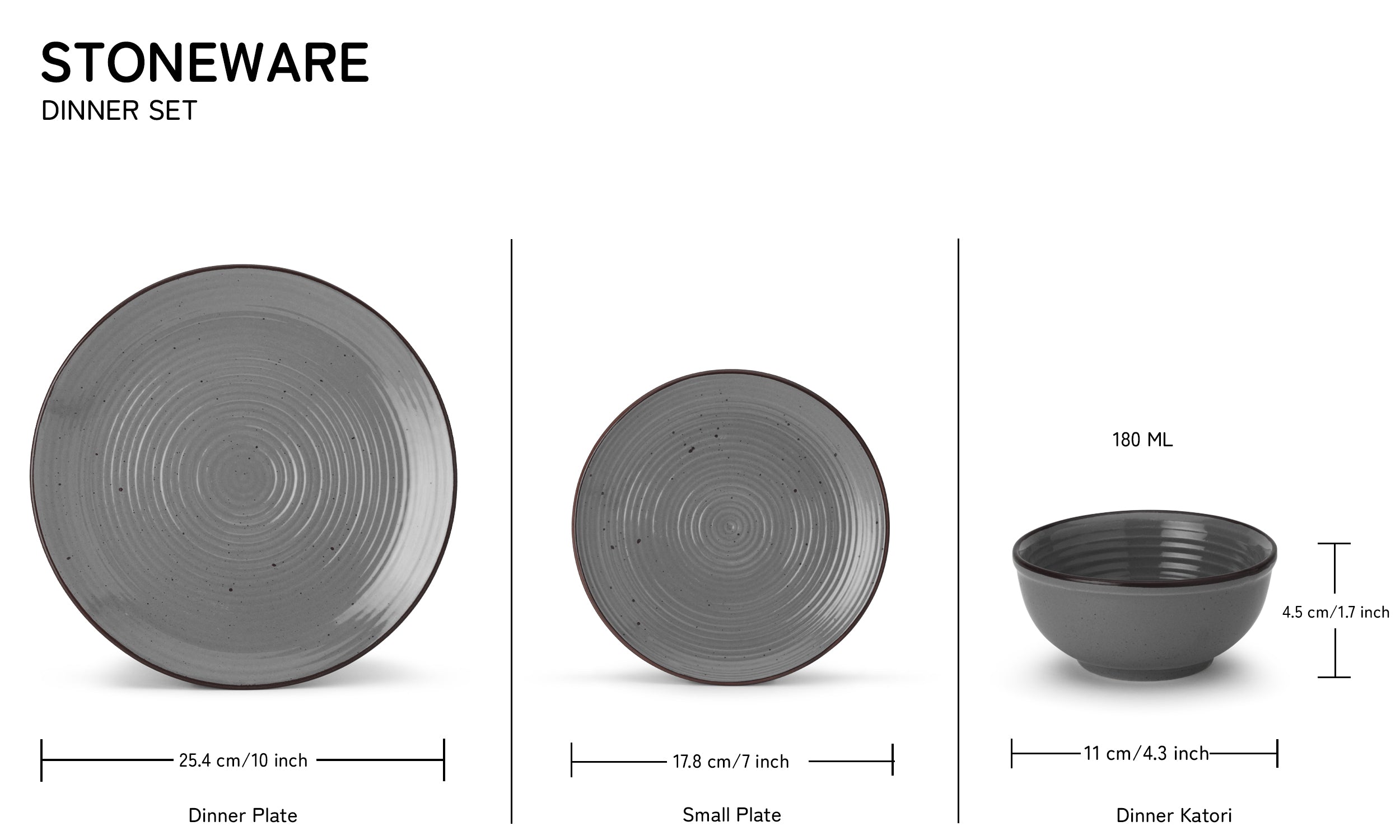 Graphite Noir Dining Ensemble-  4 Dinner Plates, 4 Appetizer Plates & 4 Bowls/Katoris
