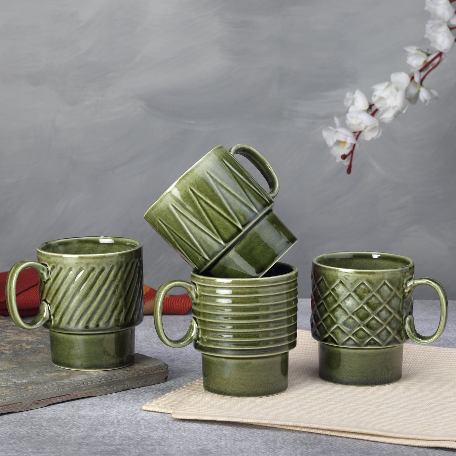 Moss Green Ceramic Cups Set of 4 Pieces (250 ml)