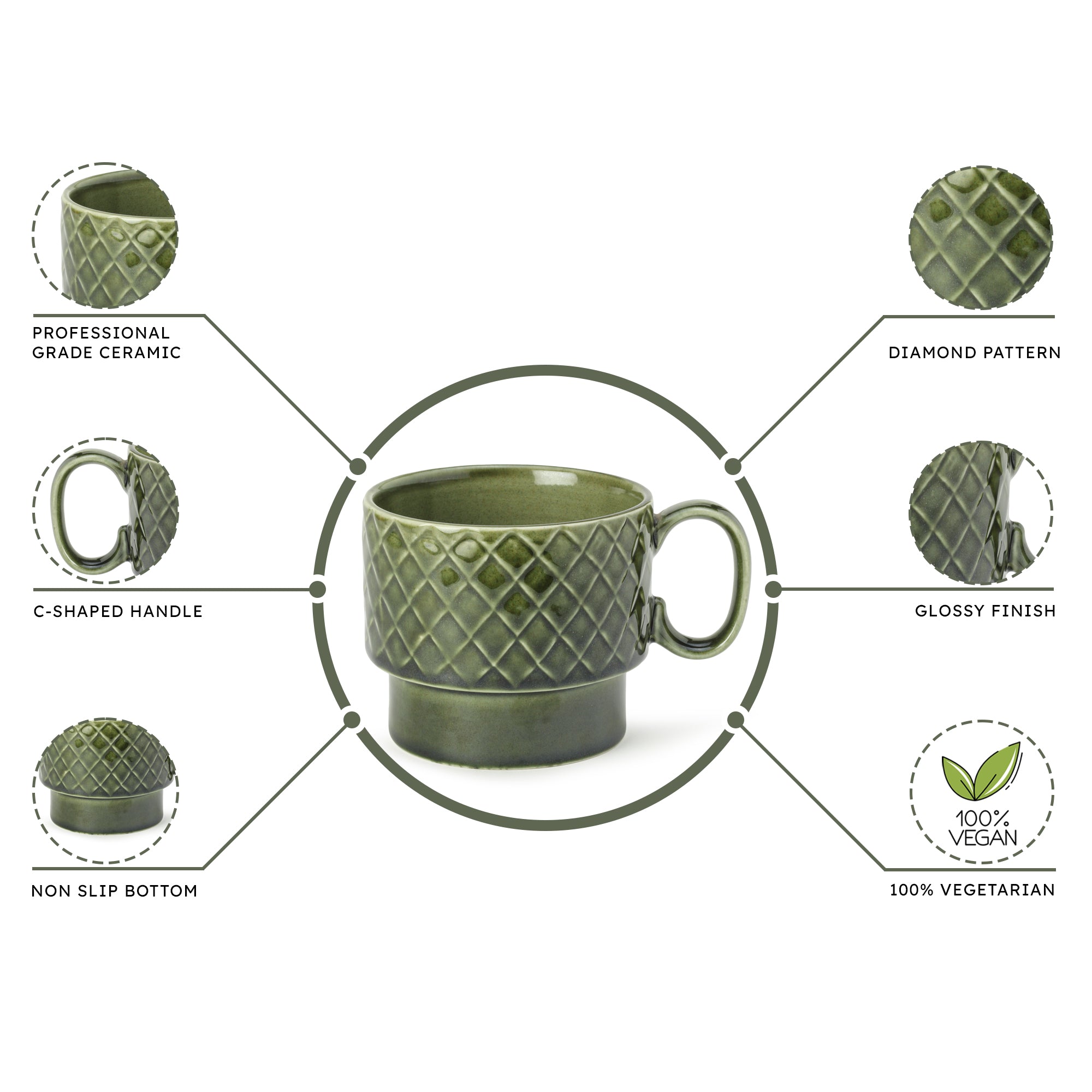 Moss Green Ceramic Cups Set of 2 Pieces (500 ml)