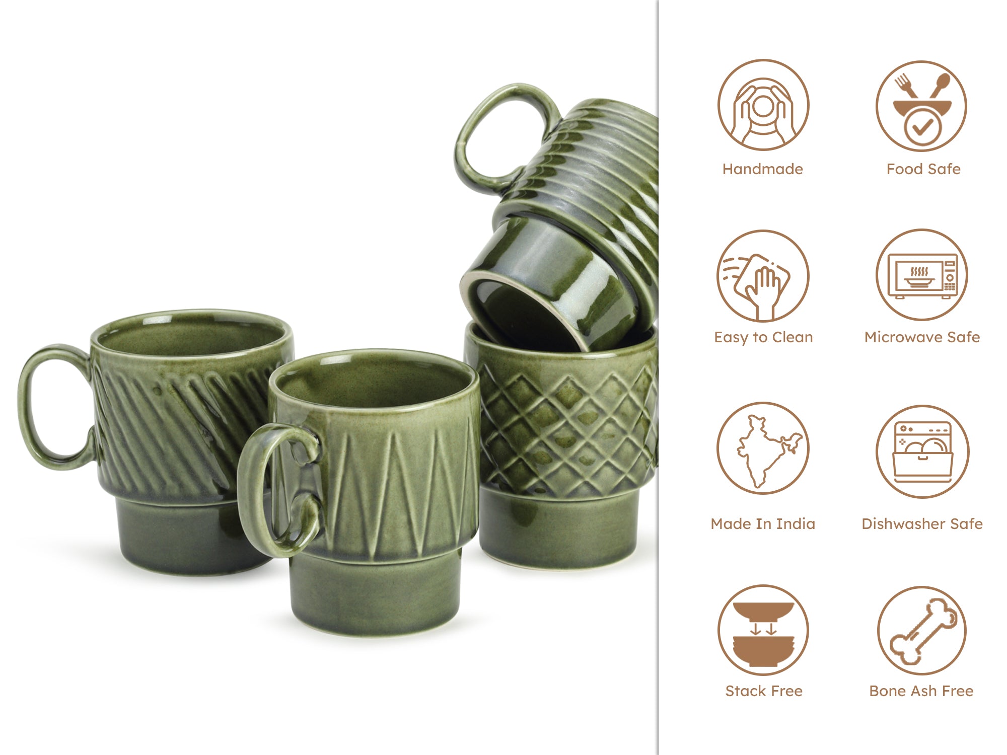 Moss Green Ceramic Cups Set of 4 Pieces (250 ml)