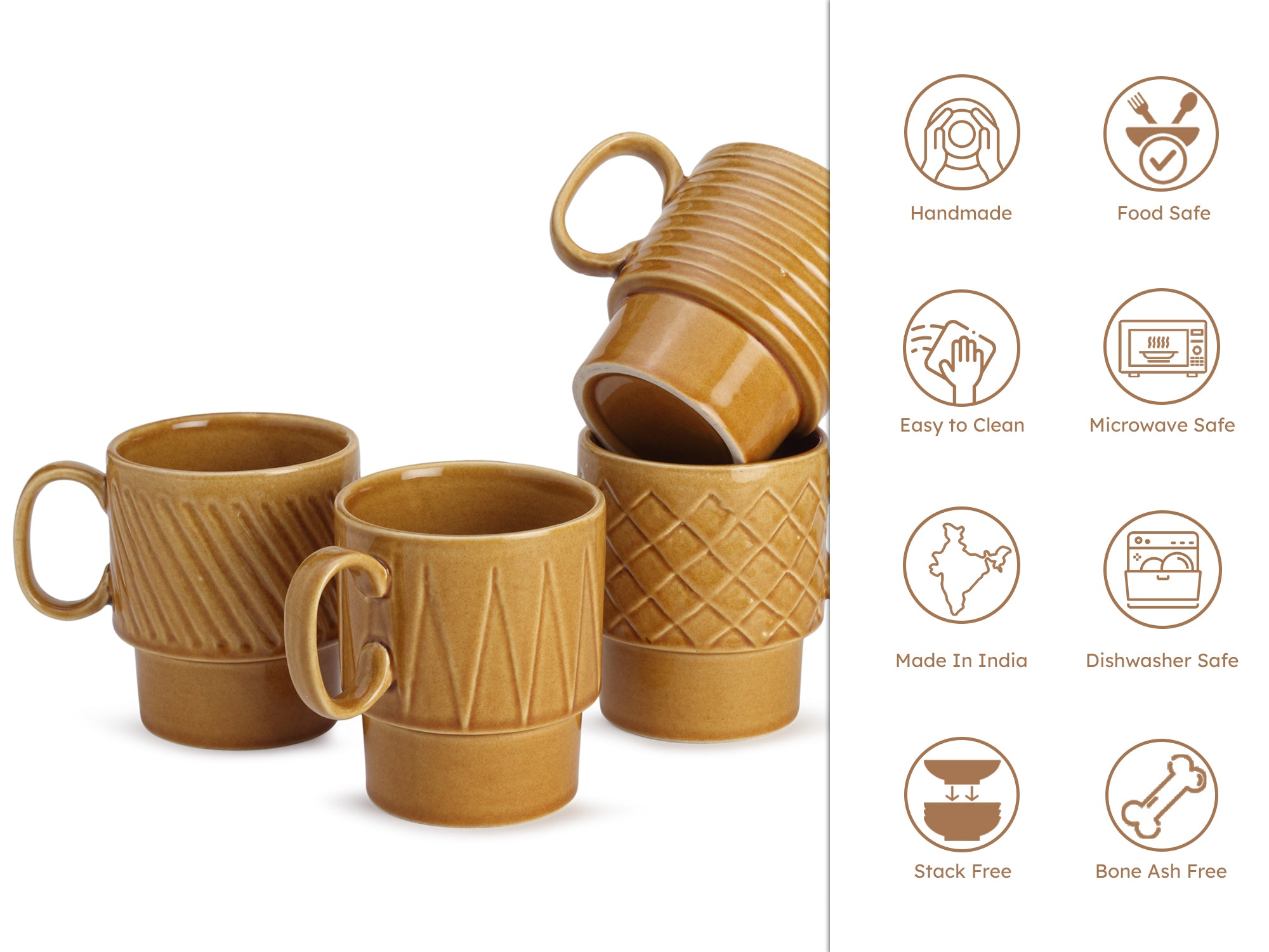 Golden Brown Ceramic Cups Set of 4 Pieces (150 ml)