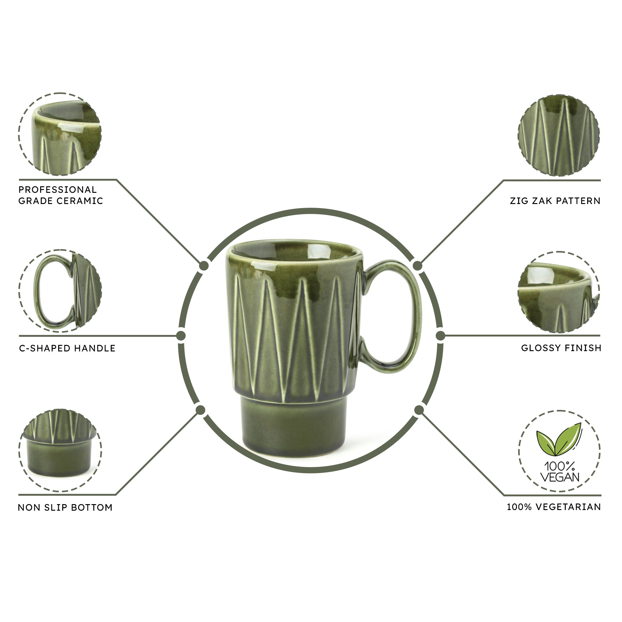 Moss Green Ceramic Cups Set of 1 Pieces (350 ml)