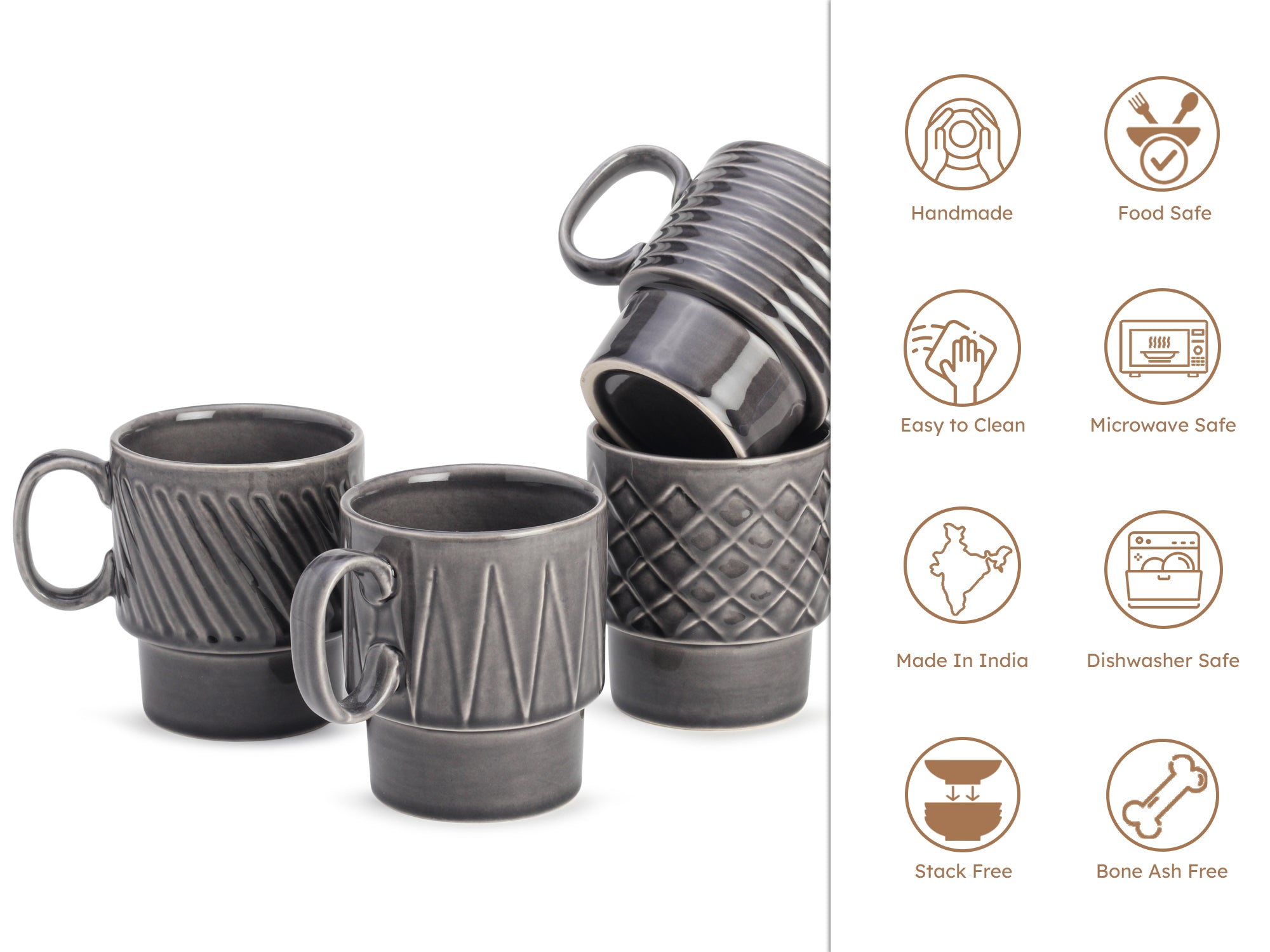 Ash Grey Ceramic Cups Set of 4 Pieces (150 ml)