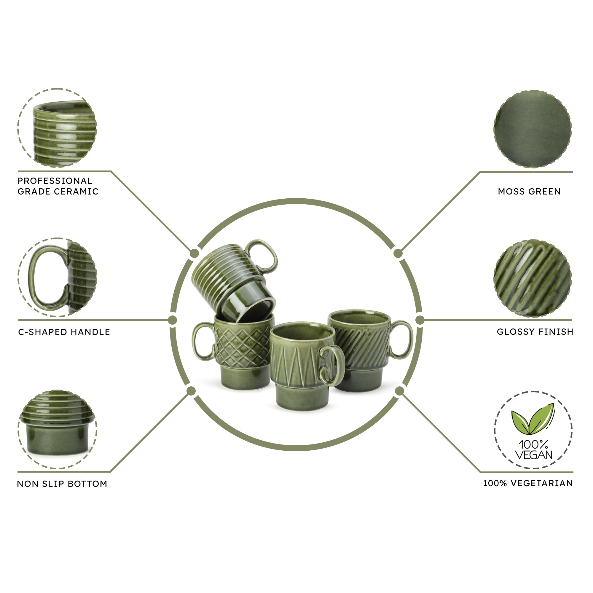 Moss Green Ceramic Cups Set of 4 Pieces (250 ml)