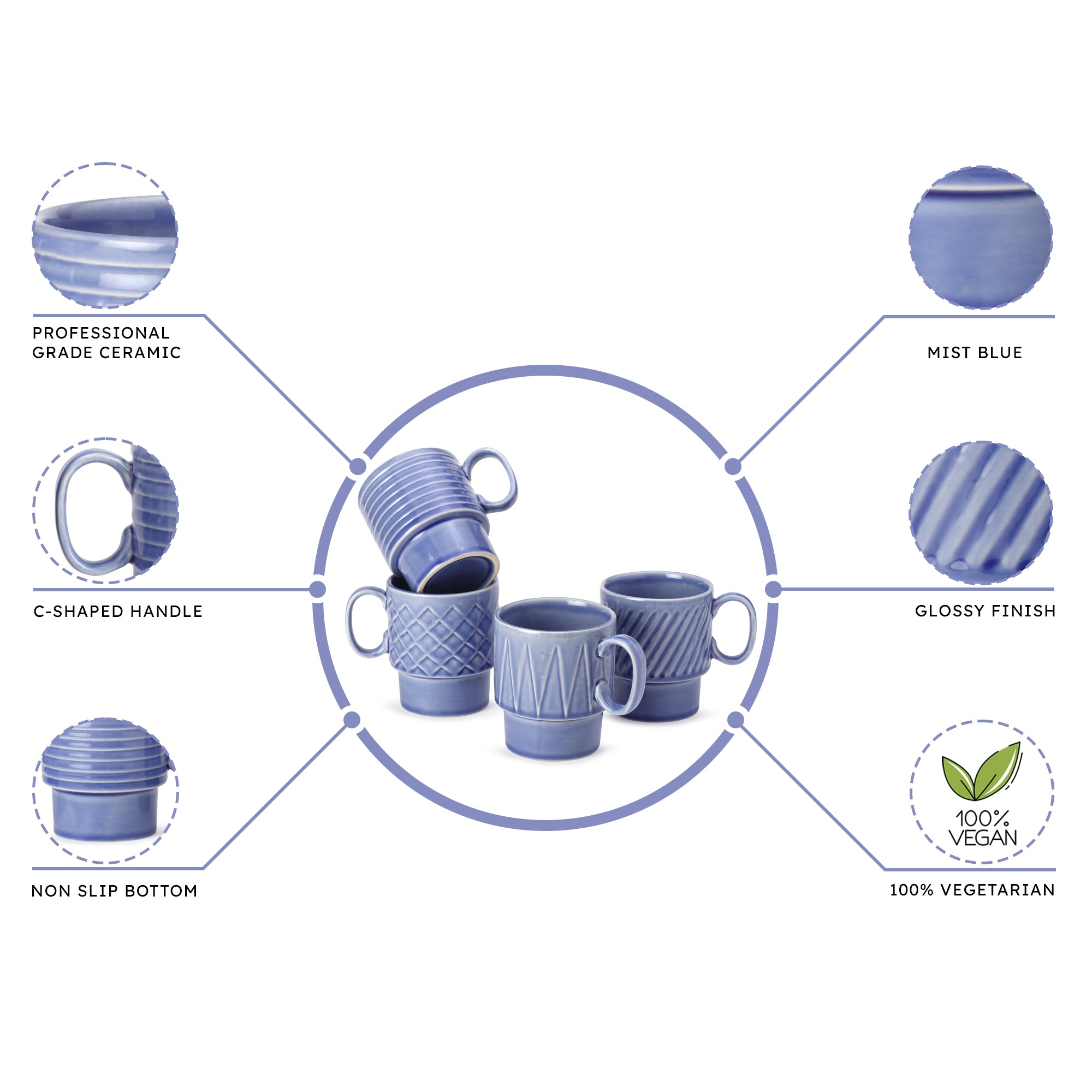 Mist Blue Ceramic Cups Set of 4 Pieces (150 ml)