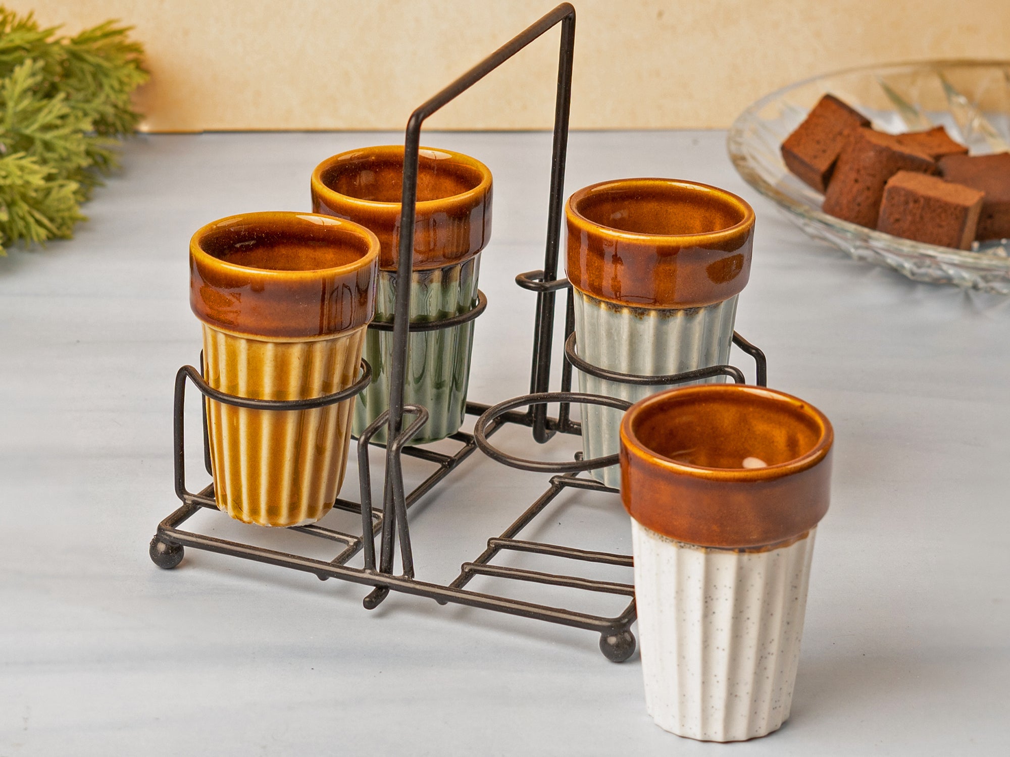 Ceramic Cutting Chai Glasses Set of 4 Piece with Foldable Iron Stand Holder