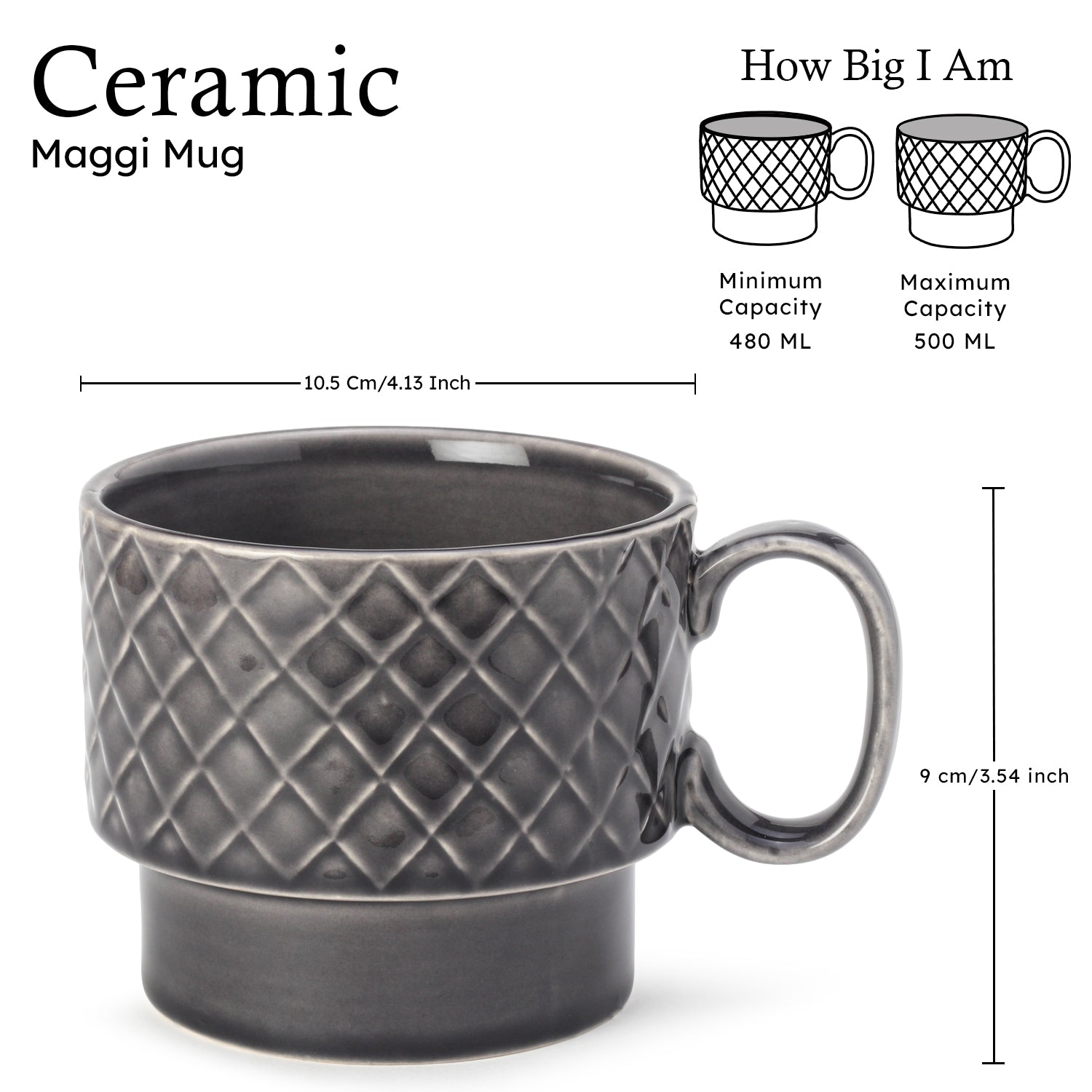 Ash Grey Ceramic Cups Set of 1 Pieces (500 ml)