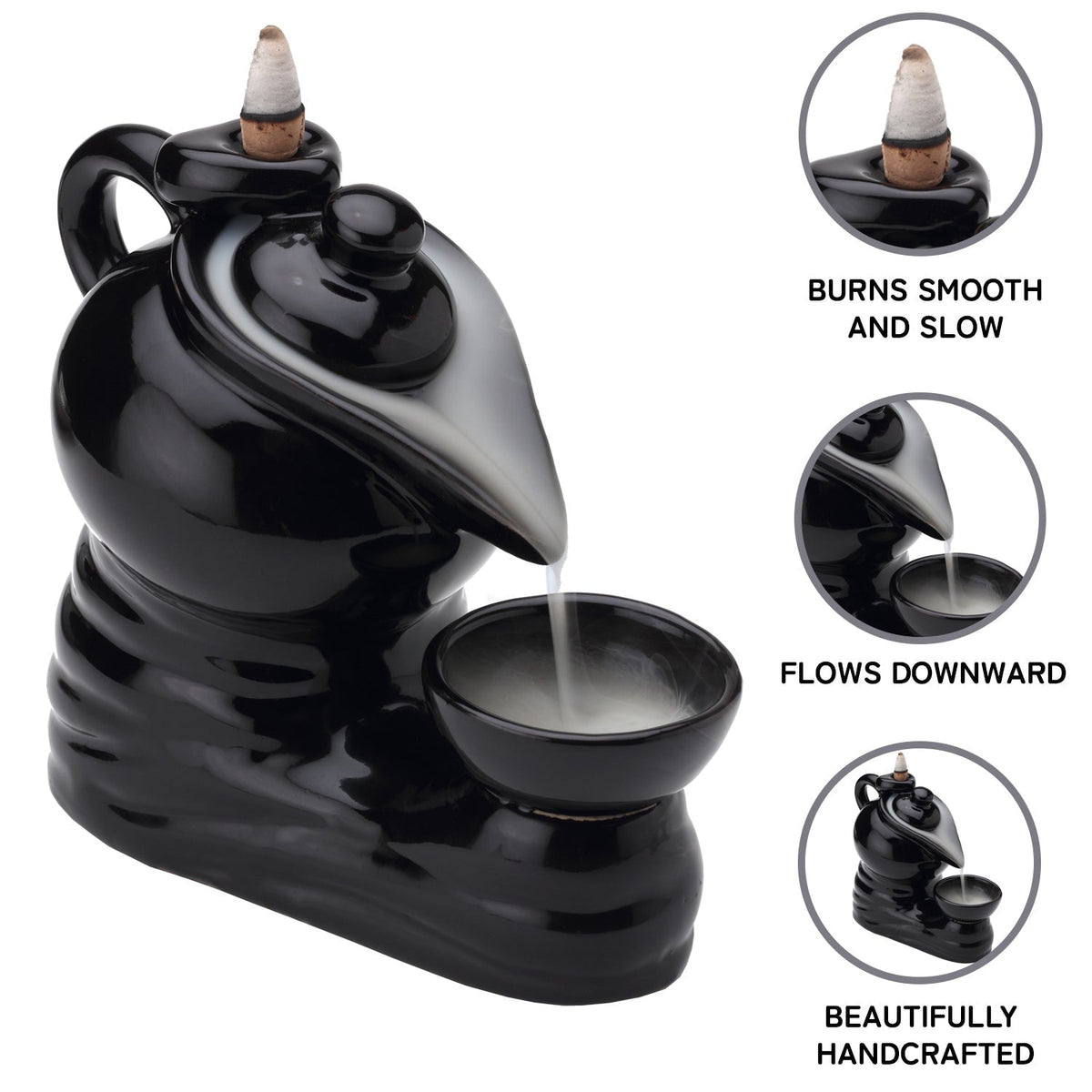 Tea Pot Smoke Fountain Back Flow Incense Burner With 20 Incense Cones Bodhi House
