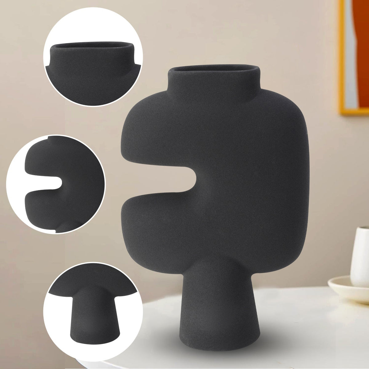 Bodhi House Ceramic Handcrafted Modern Abstract Tribal Minimalist Aesthetic Flower Vase for Home Decor and Gifting Vases | Matte Finish | Decorative Flower Vase for Living Room - Charcoal Black Bodhi House