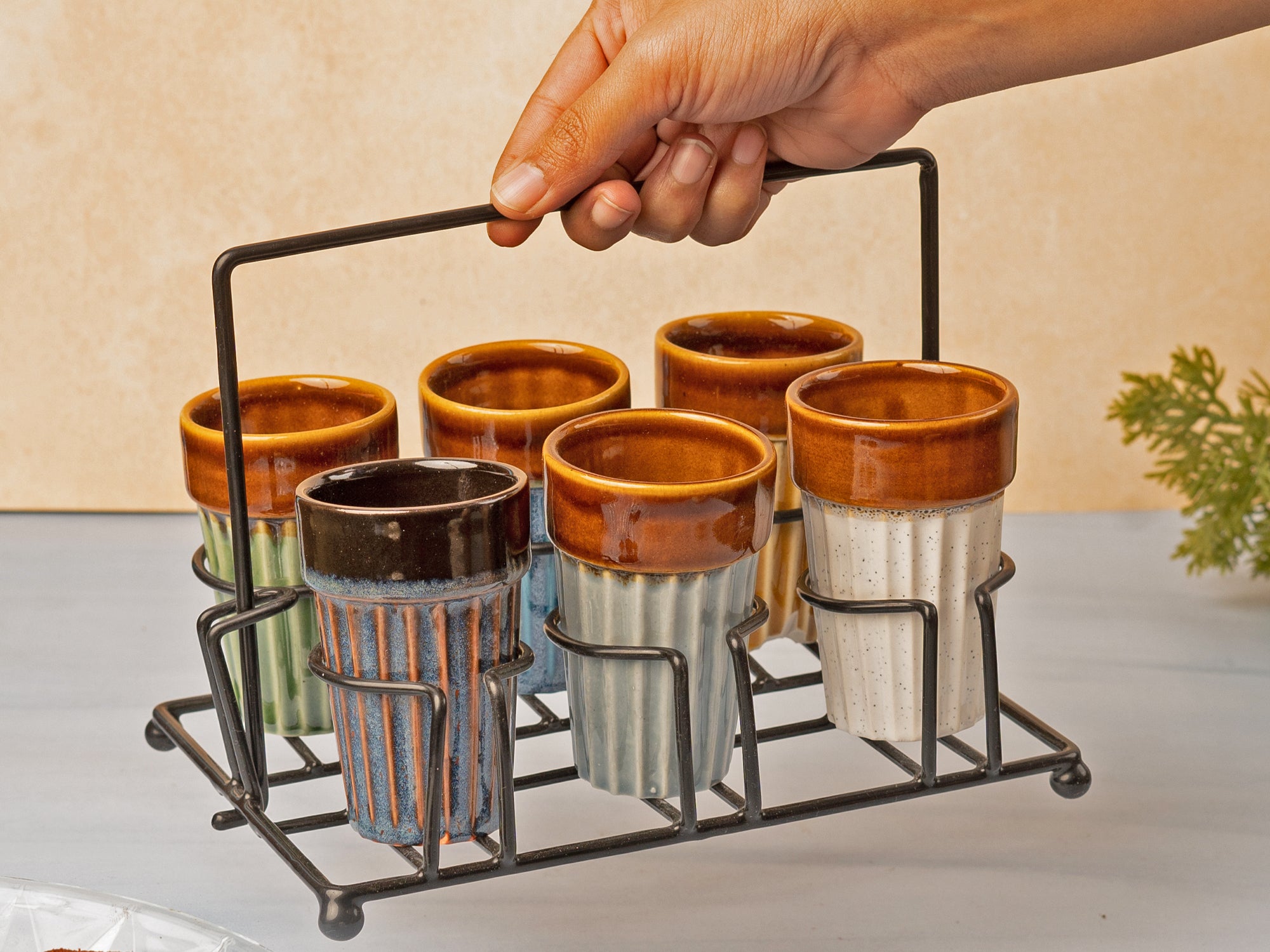 Ceramic Cutting Chai Glasses Set of 6 Piece with Foldable Iron Stand Holder