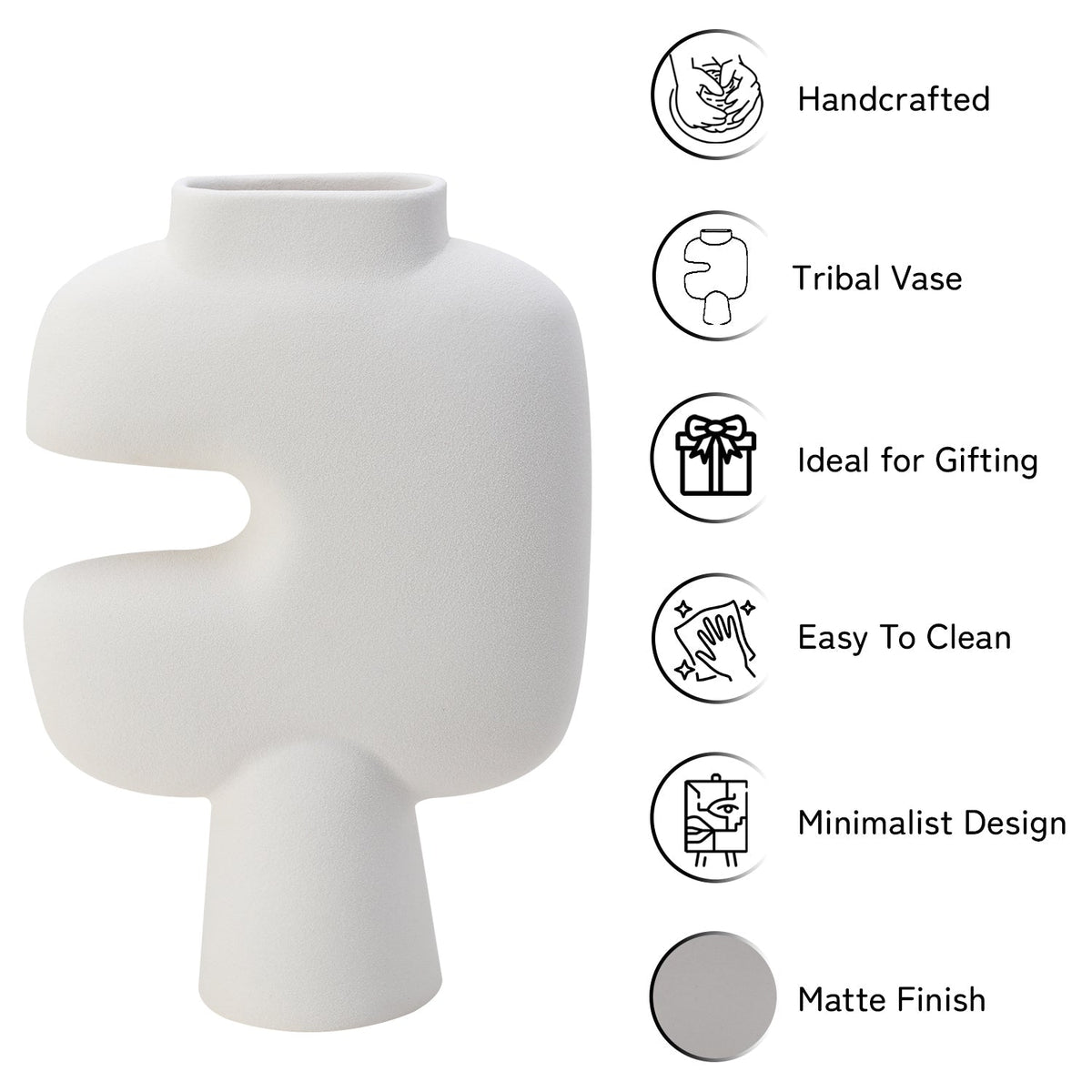 Bodhi House Ceramic Handcrafted Modern Abstract Tribal Minimalist Aesthetic Flower Vase for Home Decor and Gifting Vases | Matte Finish | Decorative Flower Vase for Living Room - White Bodhi House