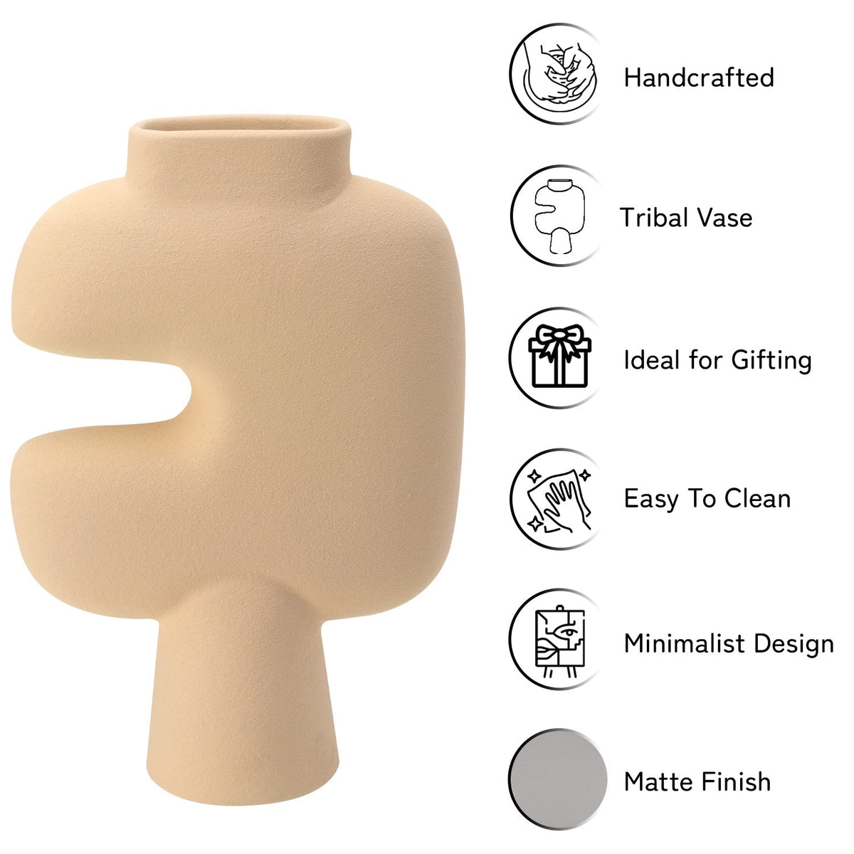 Bodhi House Ceramic Handcrafted Modern Abstract Tribal Minimalist Aesthetic Flower Vase for Home Decor and Gifting Vases | Matte Finish | Decorative Flower Vase for Living Room - Beige Bodhi House