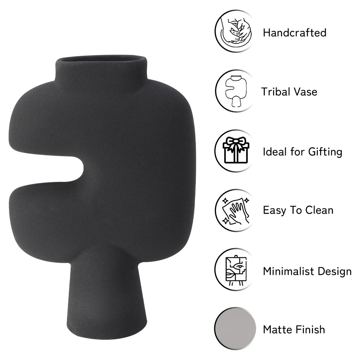 Bodhi House Ceramic Handcrafted Modern Abstract Tribal Minimalist Aesthetic Flower Vase for Home Decor and Gifting Vases | Matte Finish | Decorative Flower Vase for Living Room - Charcoal Black Bodhi House