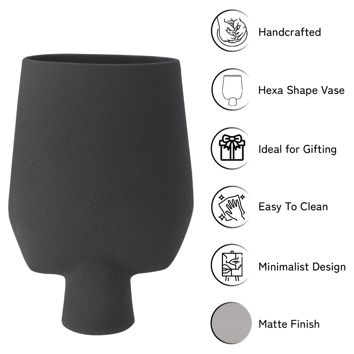 Bodhi House Ceramic Handcrafted Modern Abstract Square Minimalist Aesthetic Flower Vase for Home Decor and Gifting Vases | Matte Finish | Decorative Flower Vase for Living Room - Charcoal Black Bodhi House
