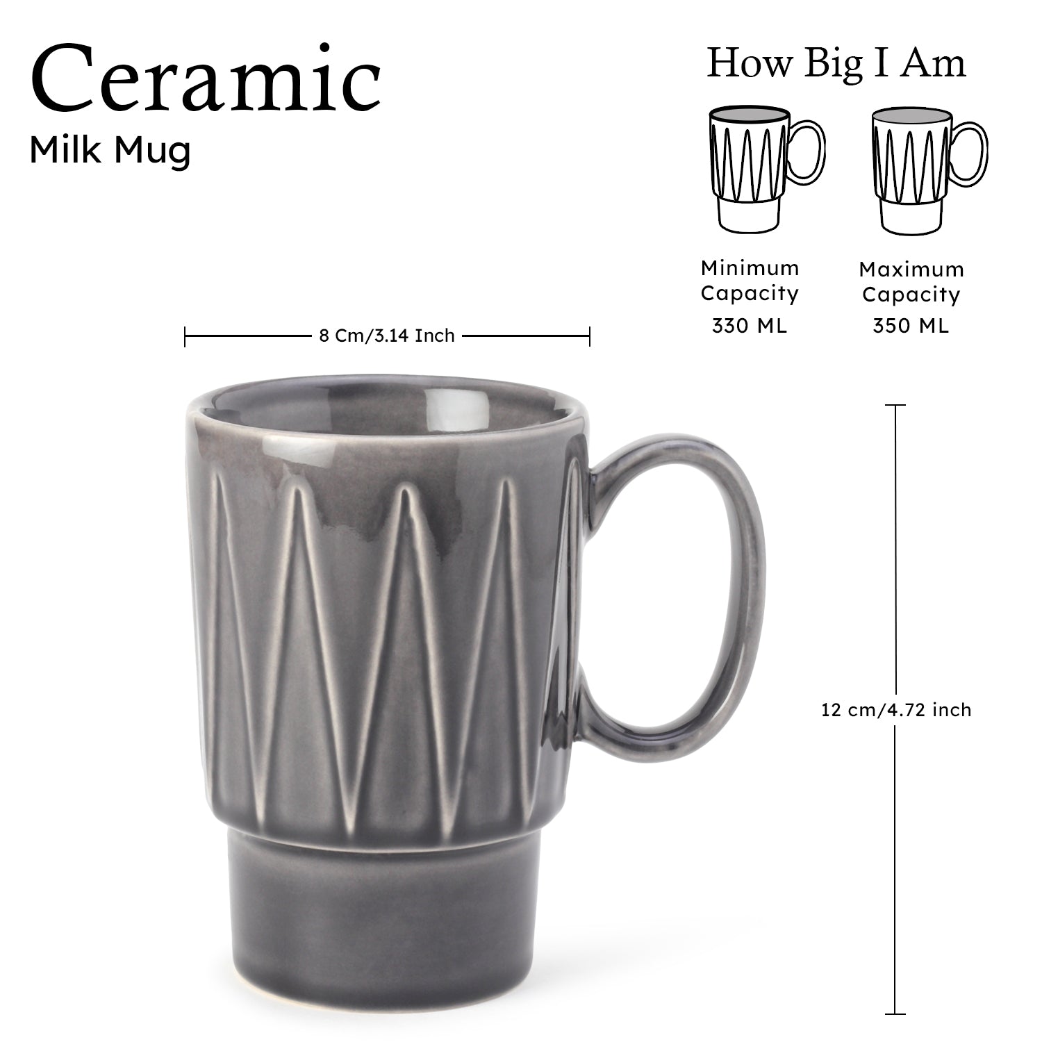 Ash Grey Ceramic Cups Set of 1 Pieces (350 ml)