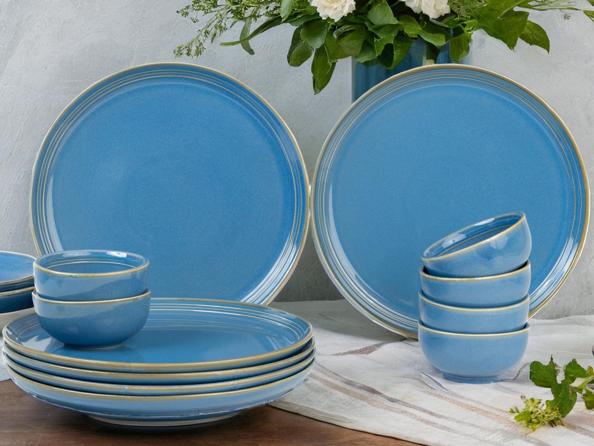 Mid Blue Premium Porcelain Dinner Set Of 12 Pcs