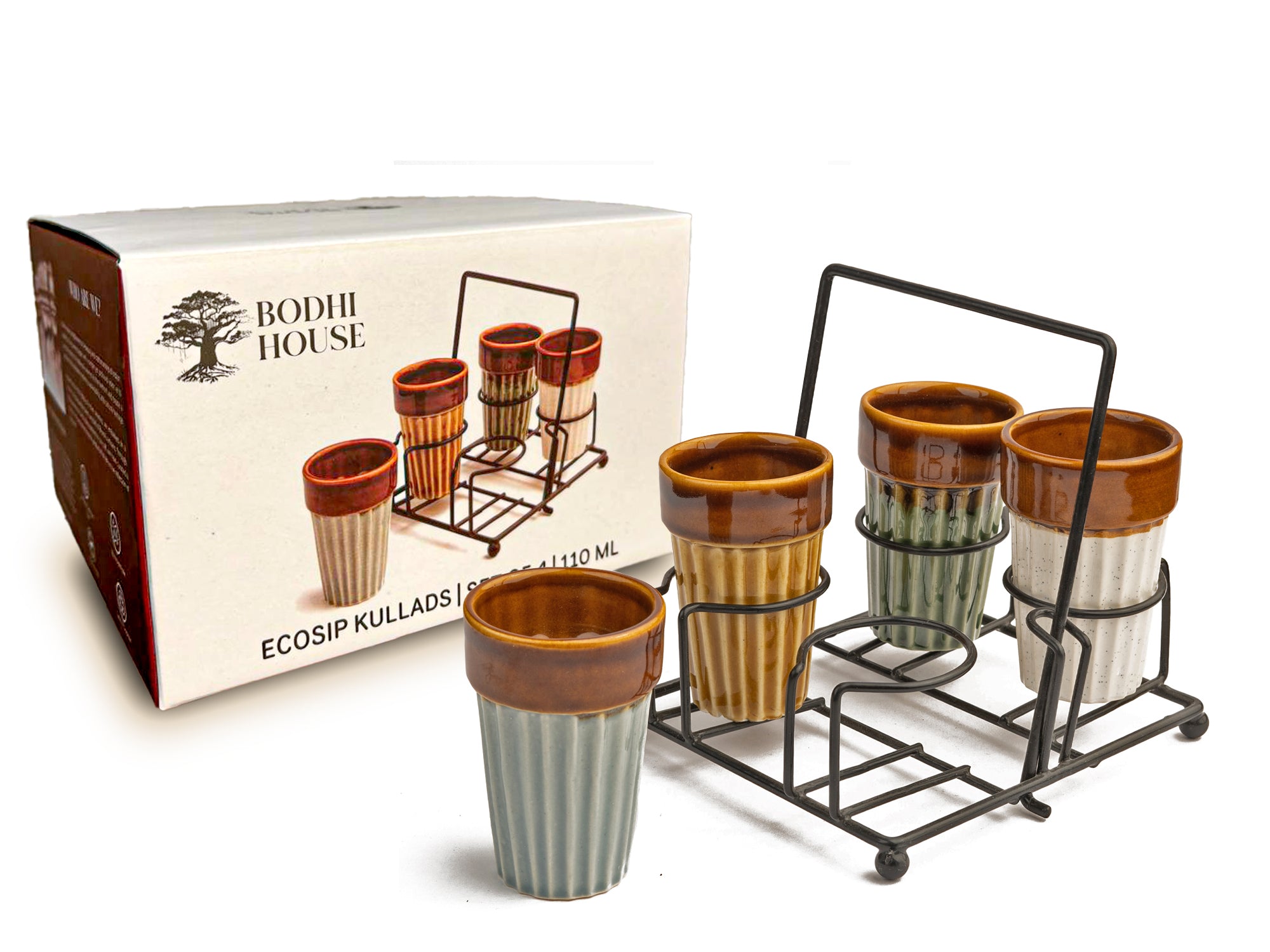 Ceramic Cutting Chai Glasses Set of 4 Piece with Foldable Iron Stand Holder