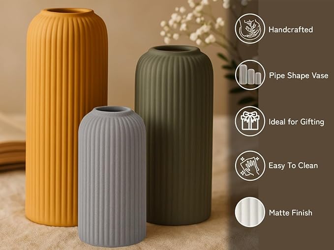 Premium Ceramic Pipe Vase Set of 3 (Multicolour) Bodhi House