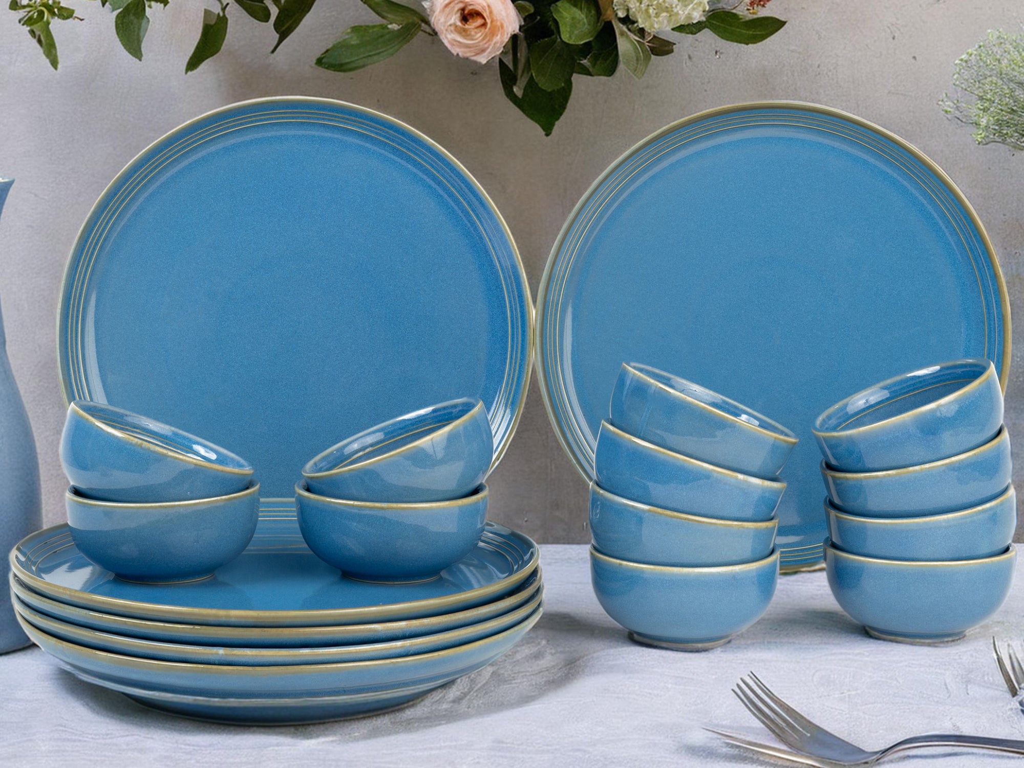 Mid Blue Premium Porcelain Dinner Set Of 18 Pcs