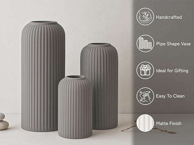 Premium Ceramic Pipe Vase Set of 3 (Grey) Bodhi House