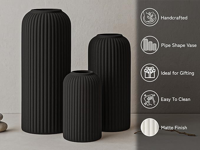 Premium Ceramic Pipe Vase Set of 3 (Black) Bodhi House