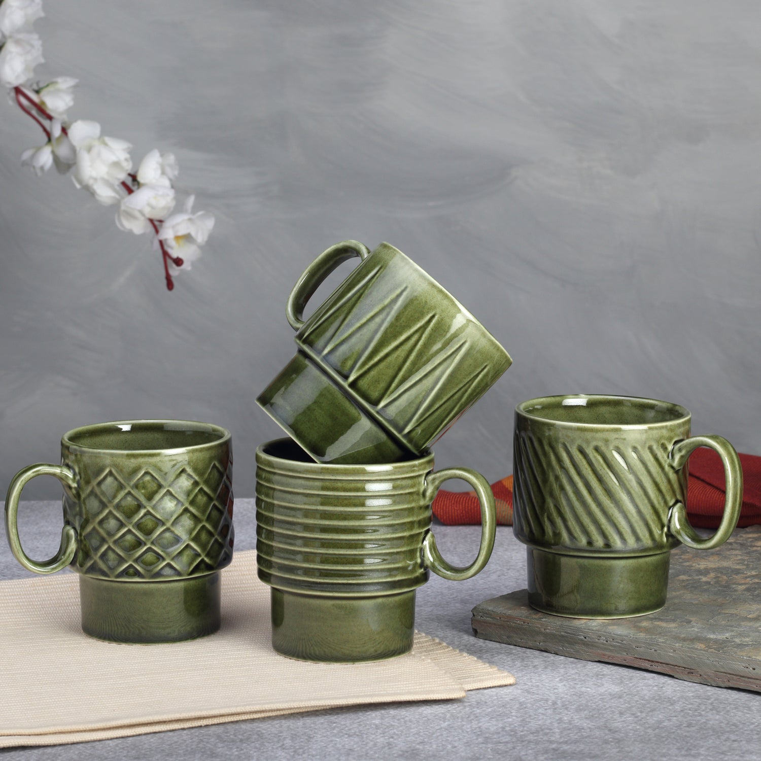 Moss Green Ceramic Cups Set of 4 Pieces (150 ml)