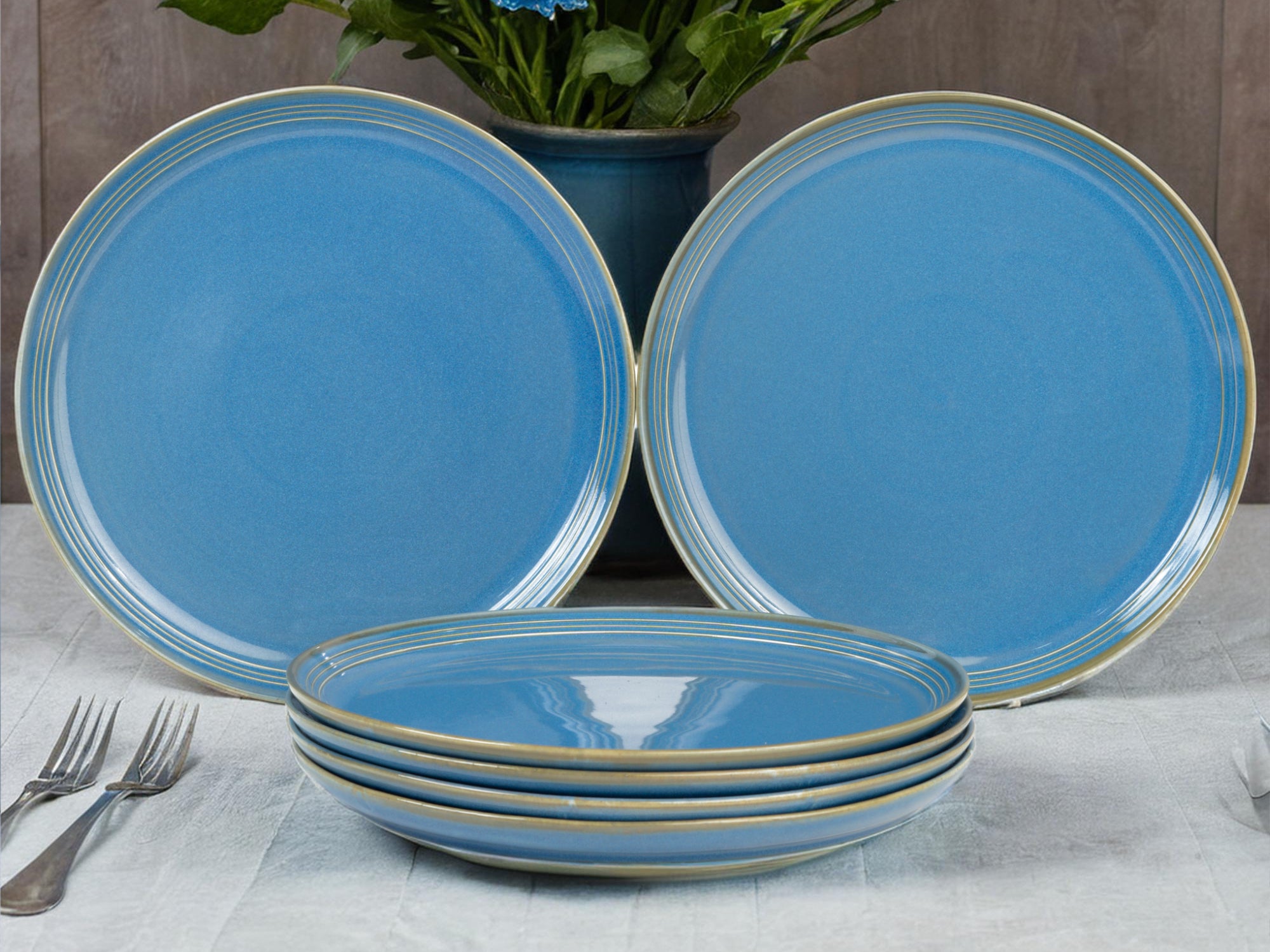 Mid Blue Porcelain Dinner Plates Set of 6