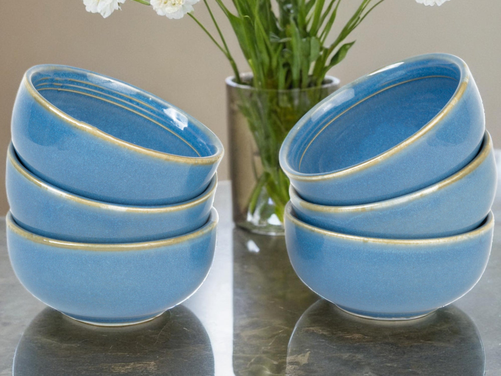 Mid Blue Premium Porcelain Small Dinner Bowls Set of 6