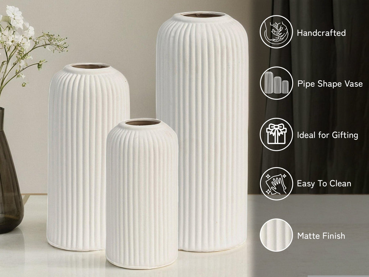 Premium Ceramic Pipe Vase Set of 3 (White) Bodhi House