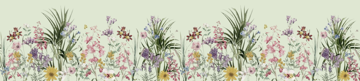 A repeating watercolor floral border pattern with pink, purple, yellow, and white flowers, green leaves, and small butterflies on a pale mint background.