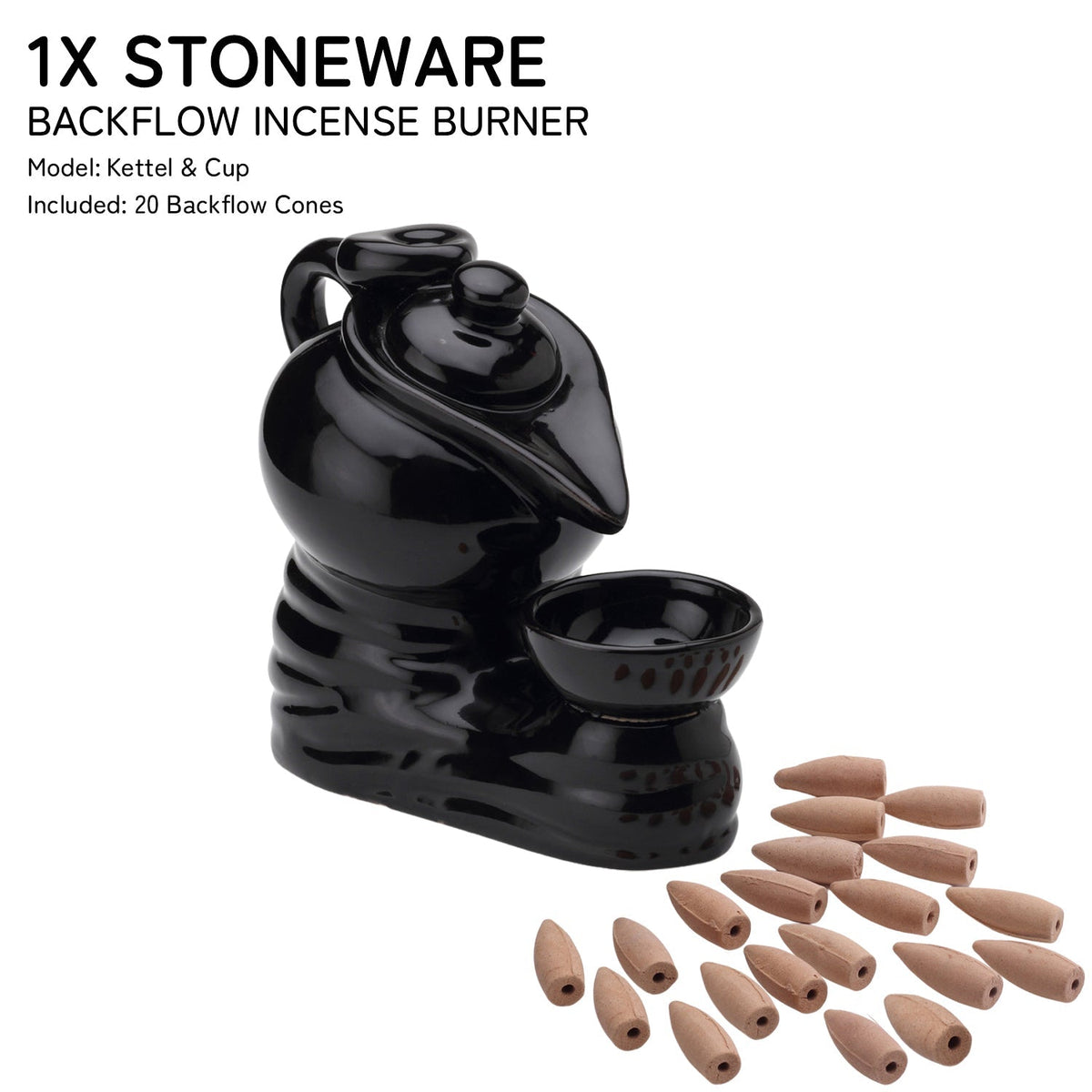 Tea Pot Smoke Fountain Back Flow Incense Burner With 20 Incense Cones Bodhi House